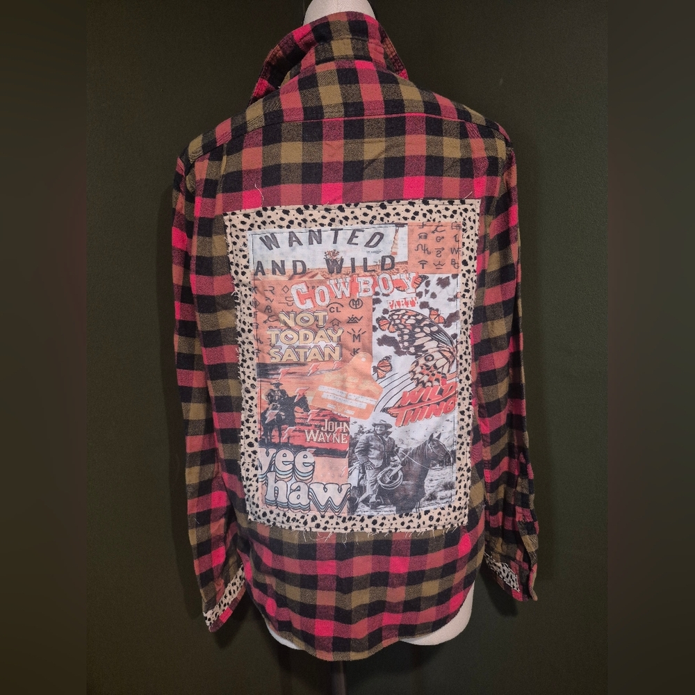 Upcycled Plaid Flannel Shirt with Western Graphic Collage Back